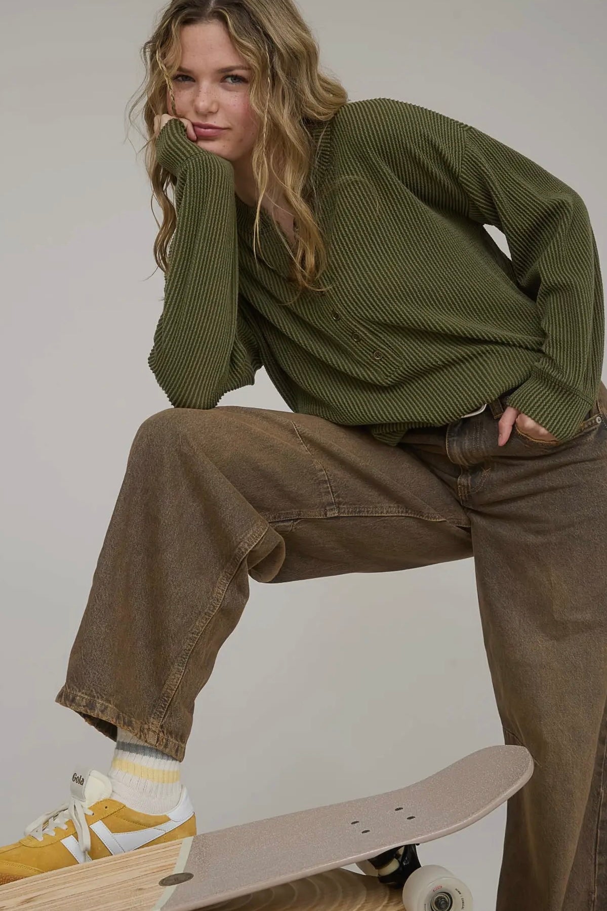 Olive Green Ribbed Mineral Washed Henley Top