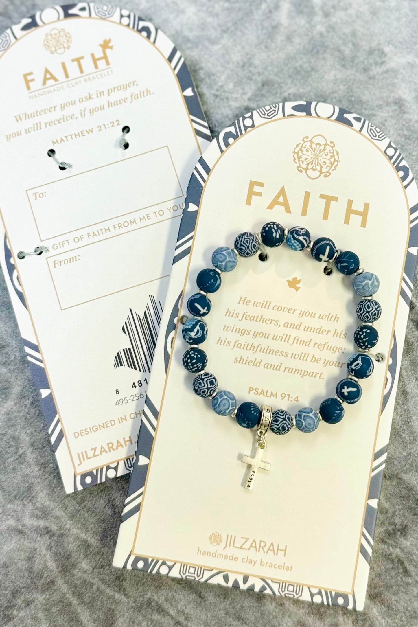 Faith Clay Beaded Bracelet with Cross Charm by Jilzarah- Choice of ivory or blue.