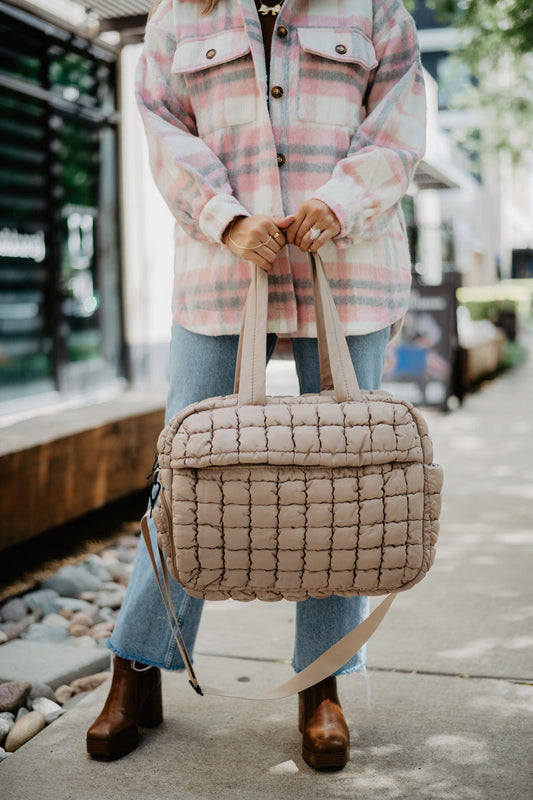 Katydid Tan Quilted Duffel Weekender Bag