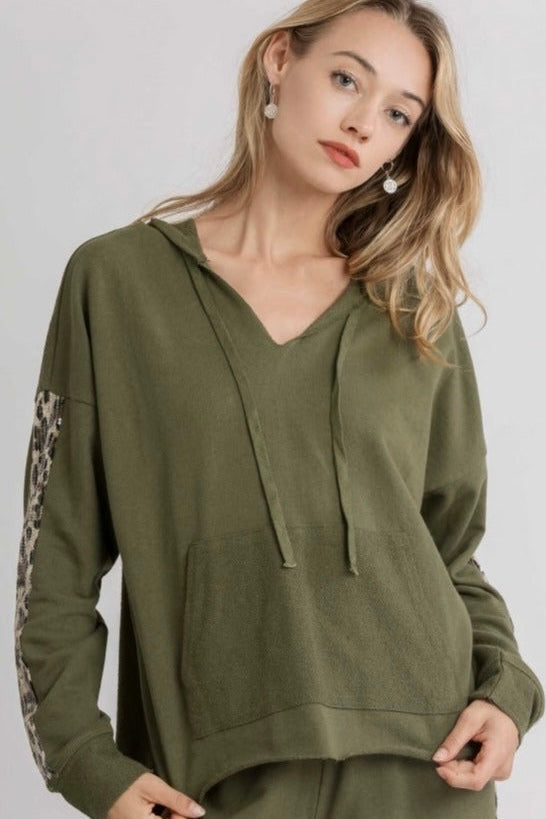 $15 SALE! Umgee French Terry Hoodie Top with Sequined Cheetah Sleeves in Olive