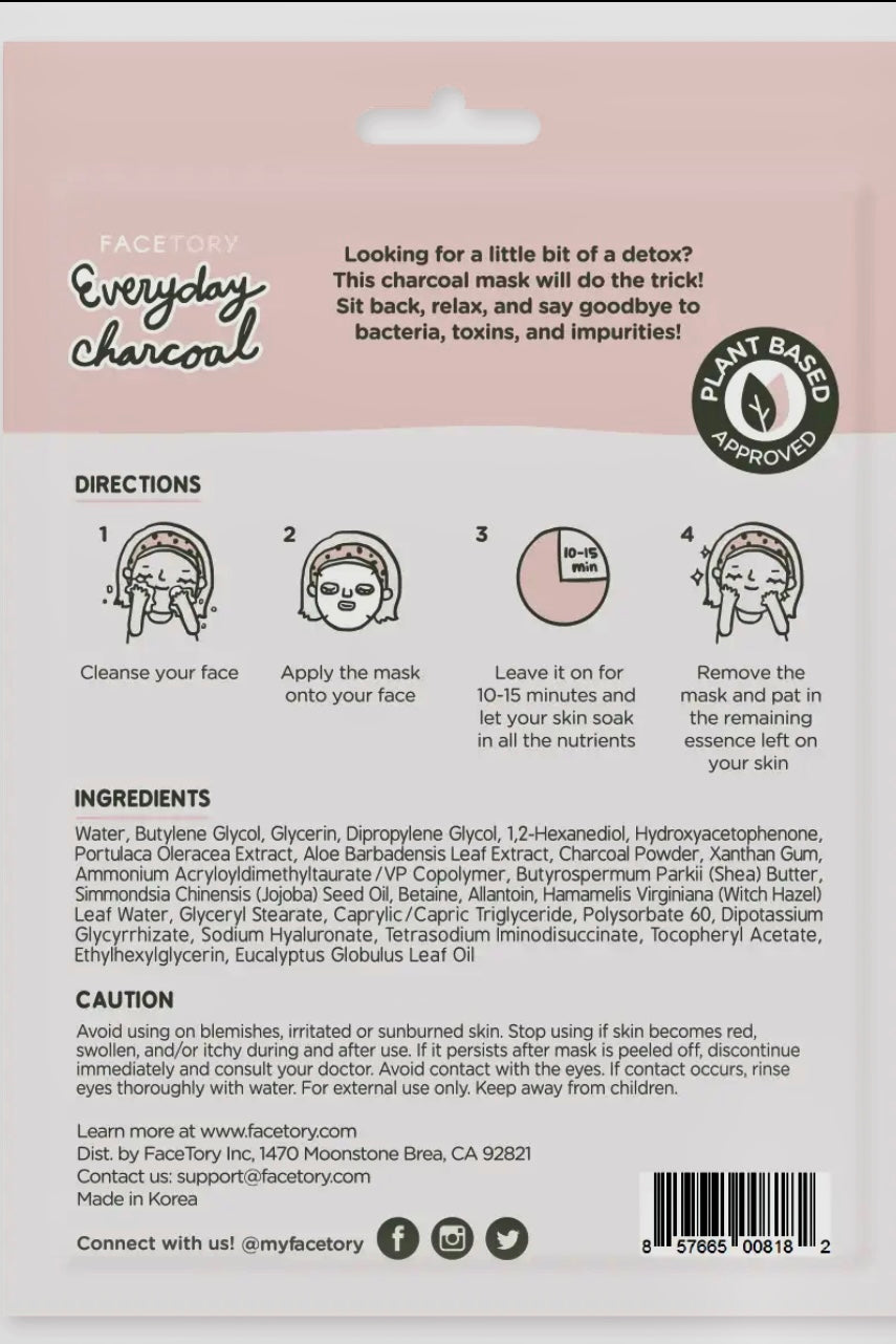 FaceTory Everyday Charcoal Detoxifying Sheet Mask- Korean Beauty