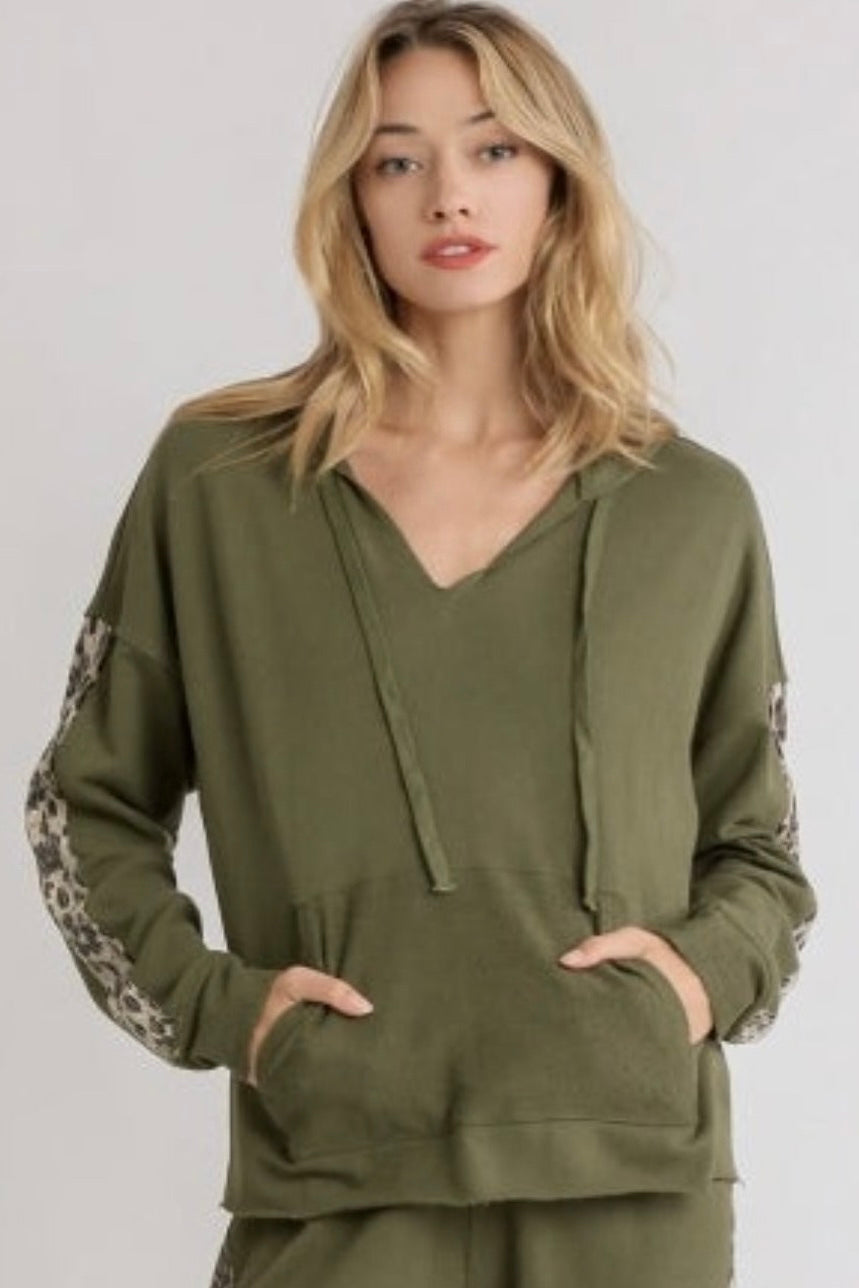 $15 SALE! Umgee French Terry Hoodie Top with Sequined Cheetah Sleeves in Olive