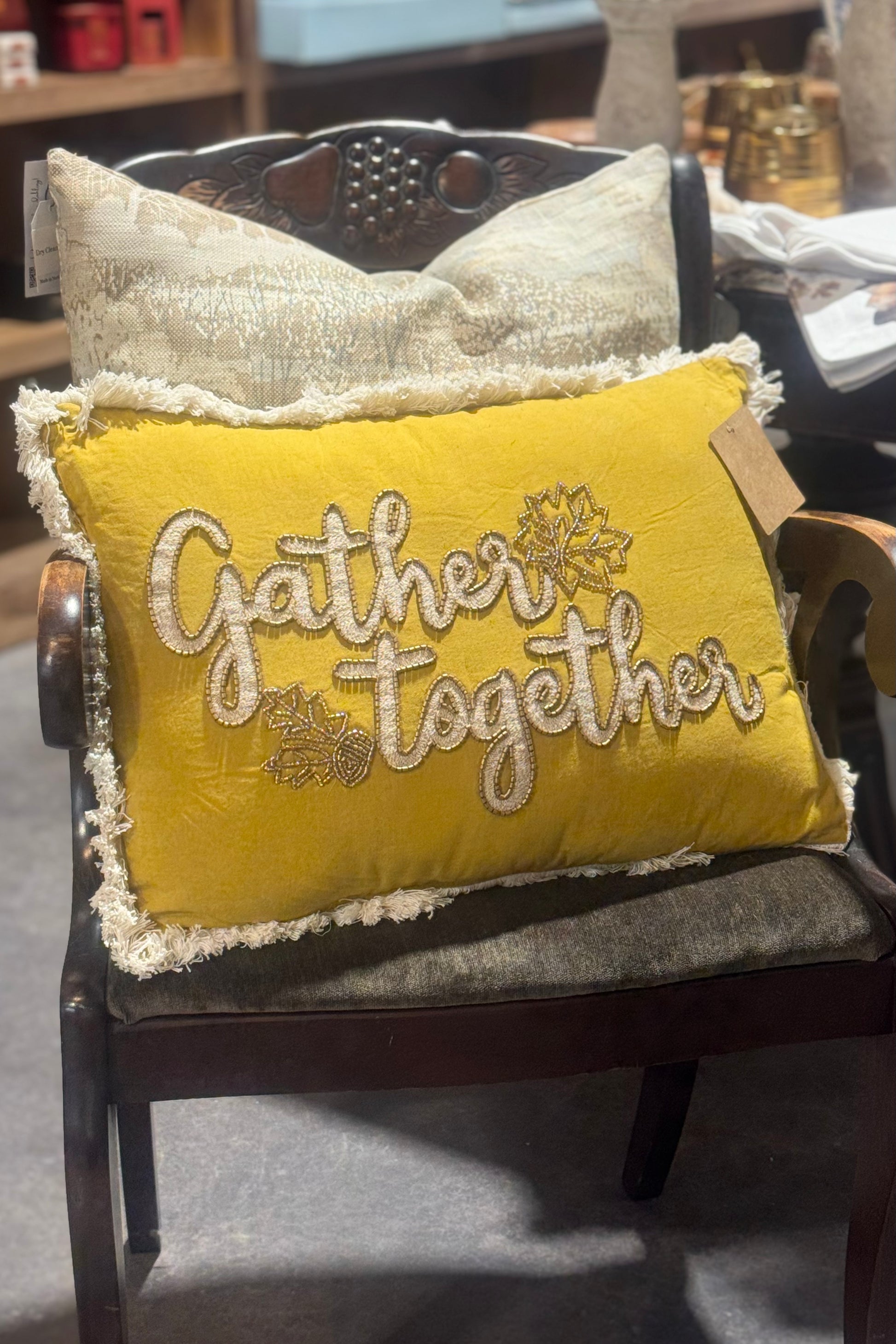 Autumn Harvest Fall Leaves Throw Pillow 14 x 20 Decorative pillow with 'Gather Together' text and fall leaves design