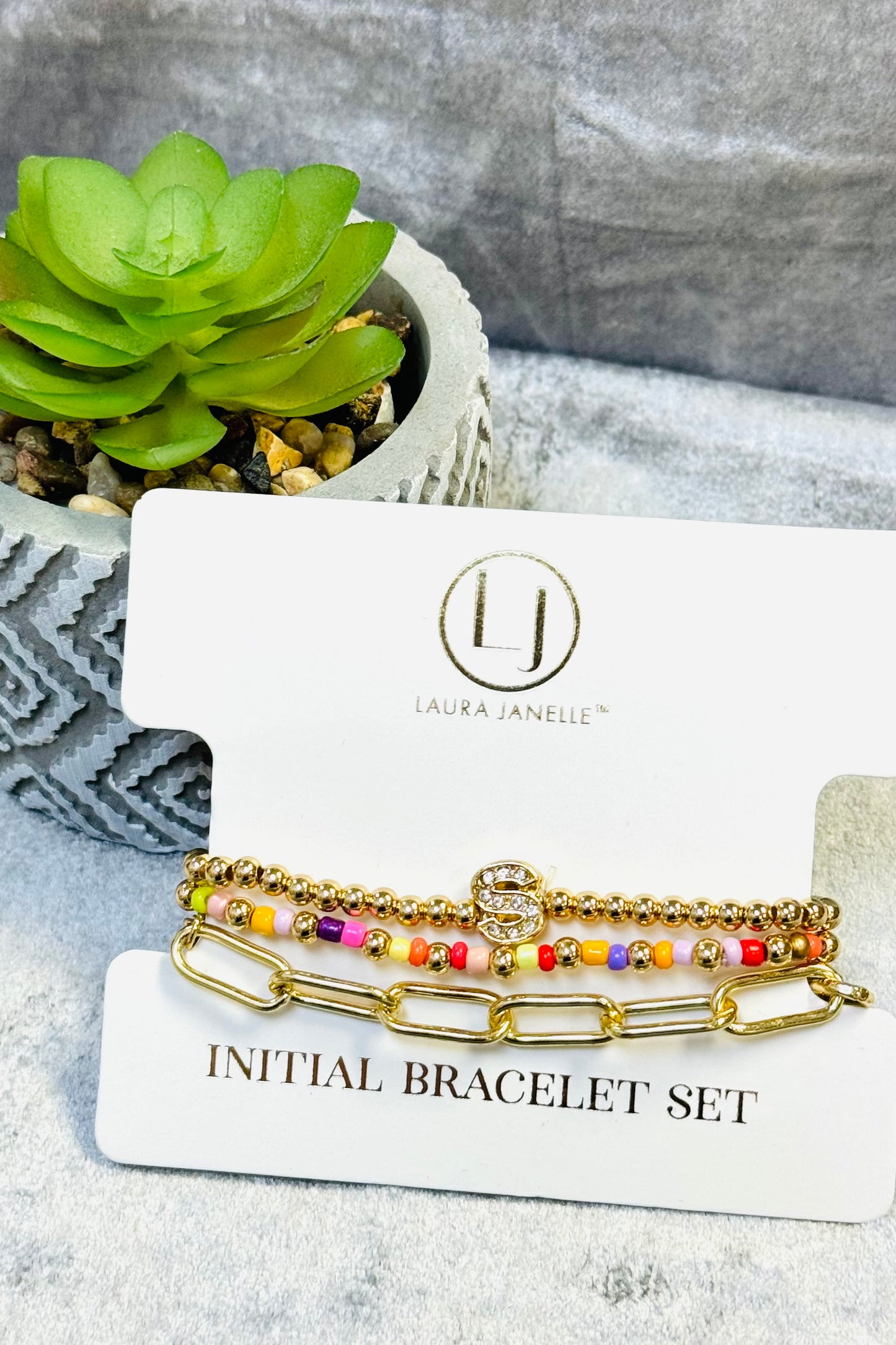 Laura Janelle Initial Bracelet Set in Gold  (Choose your initial.)