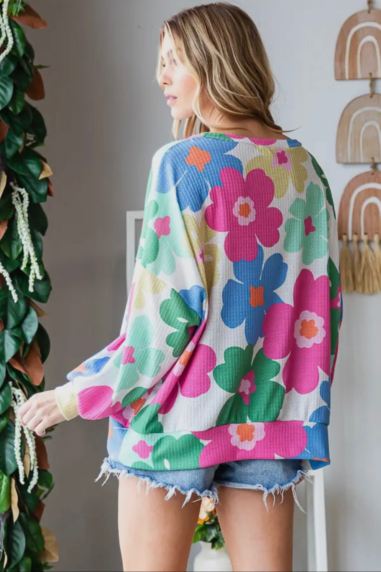 Fun Floral Oversized Round Neck Long Sleeve Top