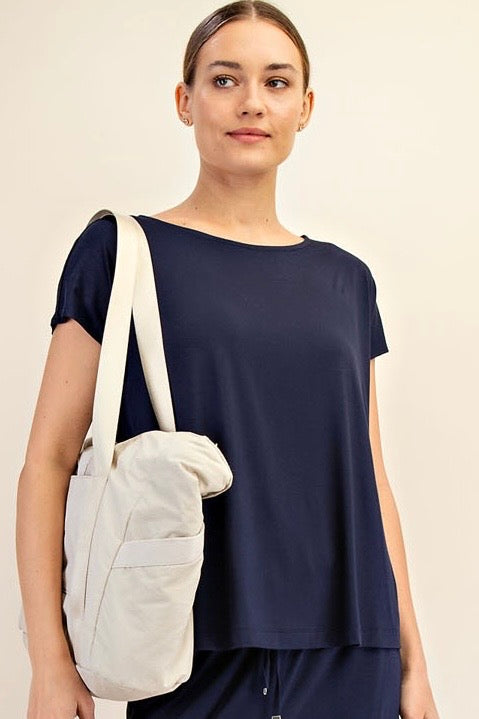 Black Viscose Modal Short Sleeve Boatneck Top