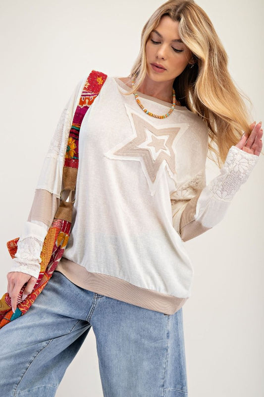 Easel Ivory Taupe Star Patch Long Sleeve Top