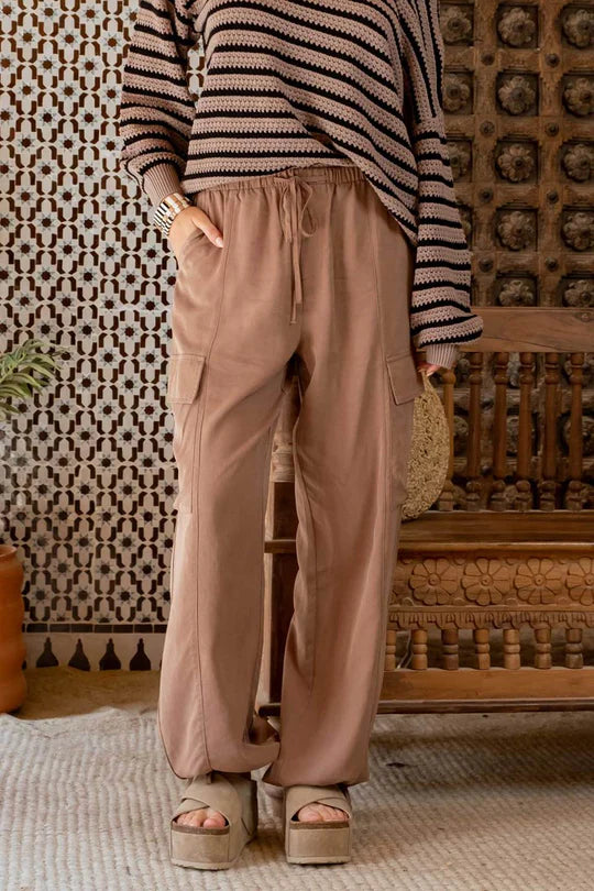 Brown High Waist Drawstring Linen Blend Cargo Pants