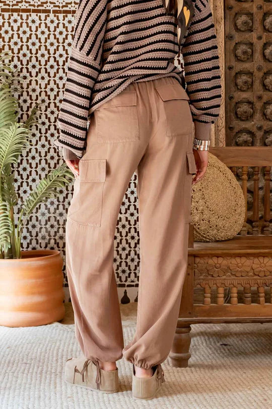 Brown High Waist Drawstring  Cargo Pants