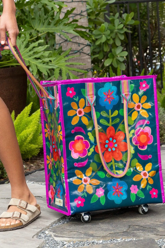 Natural Life Rolling Tote Bag- Teal Folk Flower