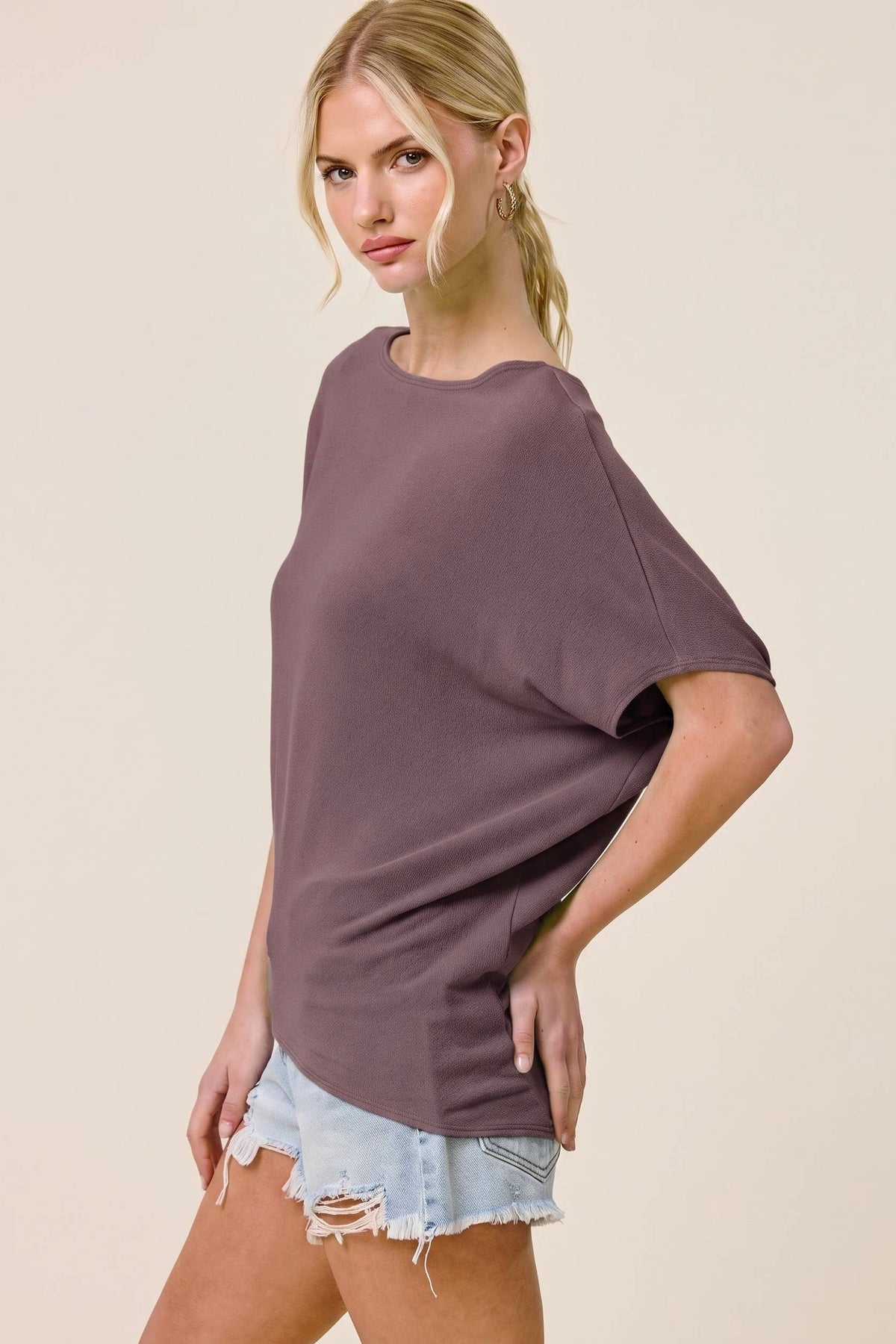 Charlotte Avery Dark Cocoa Short Sleeve Crepe Hacci Oversized Dolman Top