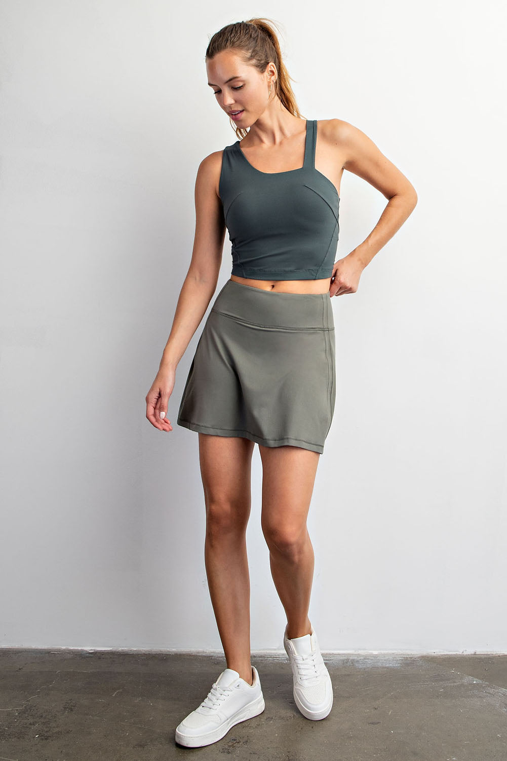 Grey Sage Butter Soft High Waist Skater Skort (Built in Shorts with Pockets)