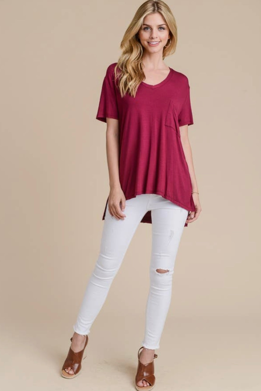 SALE!  $15  Crimson Short Sleeved Oversized V Neck Top with Hi Low Hem