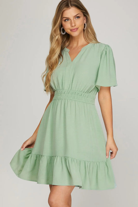 Light Green Short Sleeve Tiered Short Dress