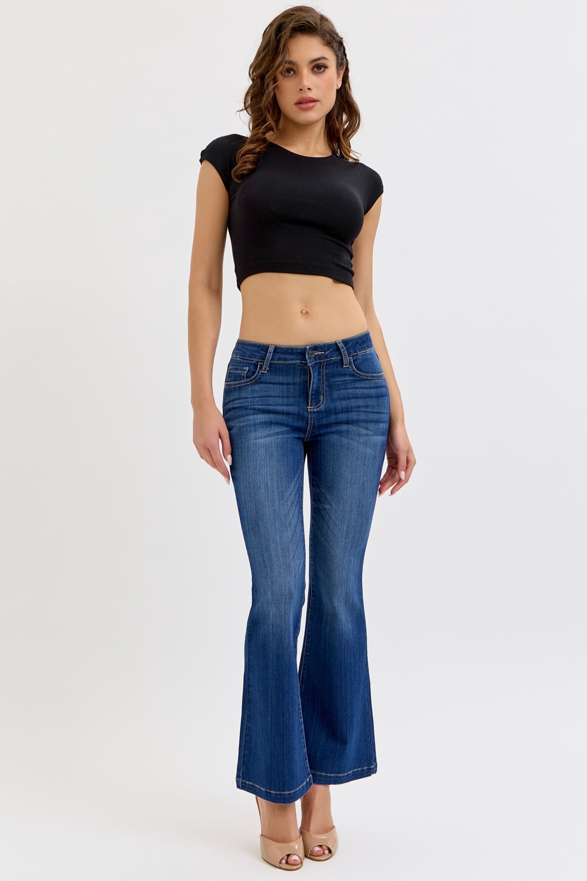 Cello Petite Mid Rise Flare Dark Wash Jeans