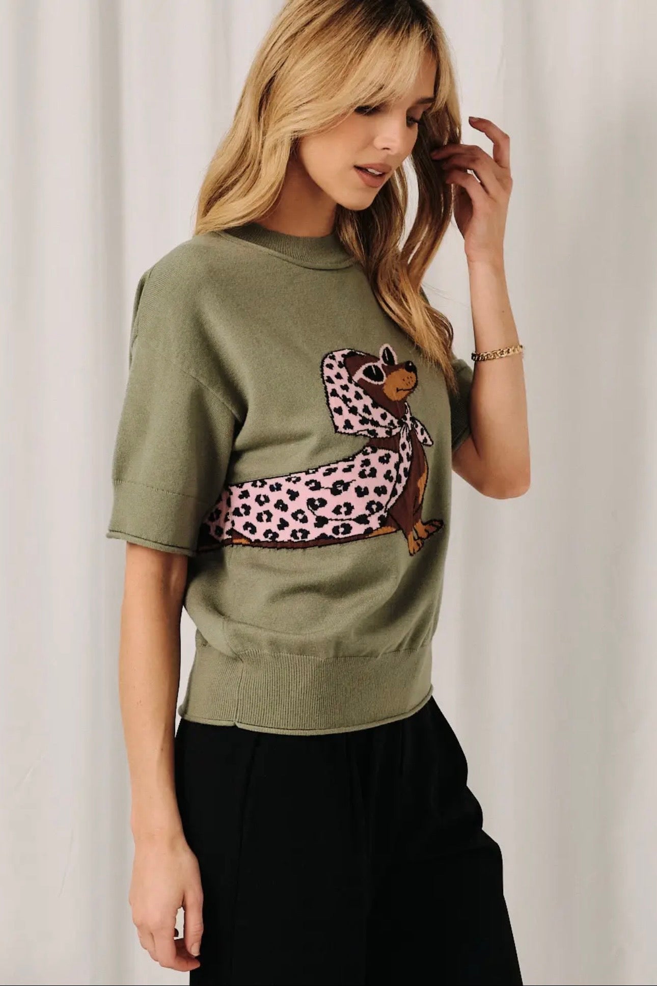 Olive Green Glam Dachshund Short Sleeve Sweater