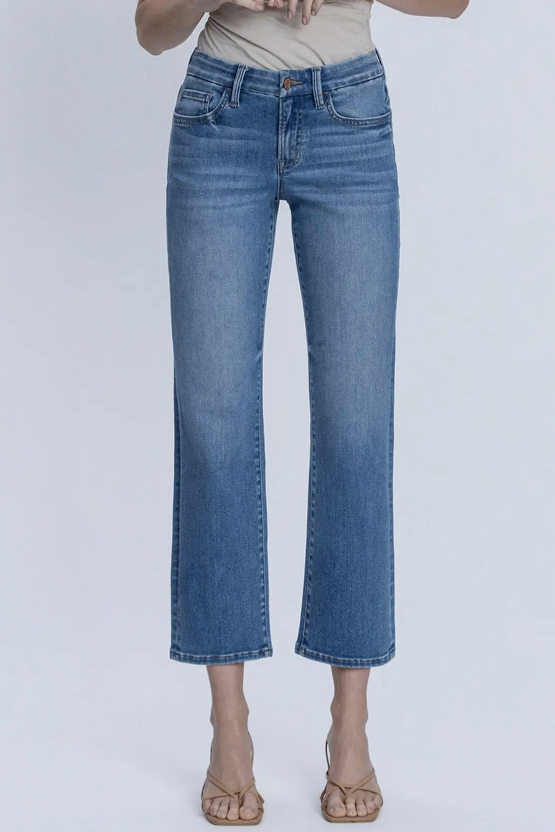 Lovervet Mid Rise Comfort Stretch Straight Leg Cropped Jean in Medium Denim- 28" inseam