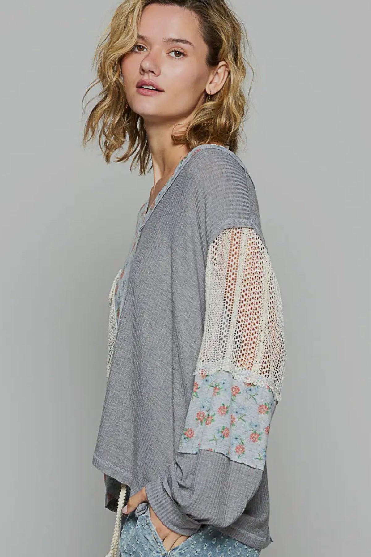 Gray Patchwork Crochet Accent Light Weight Long Sleeve Top by POL