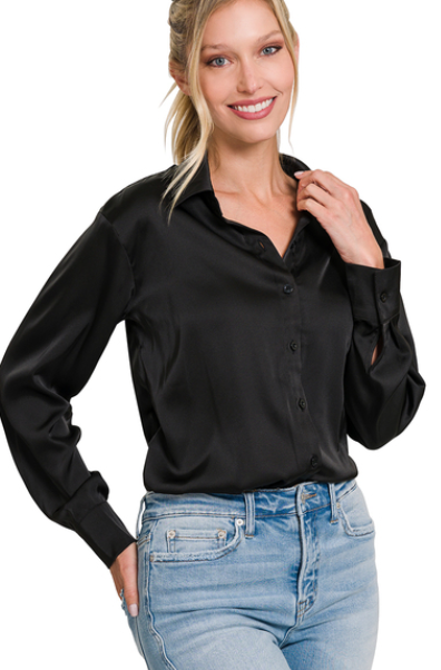 Black Satin Button Down Blouse