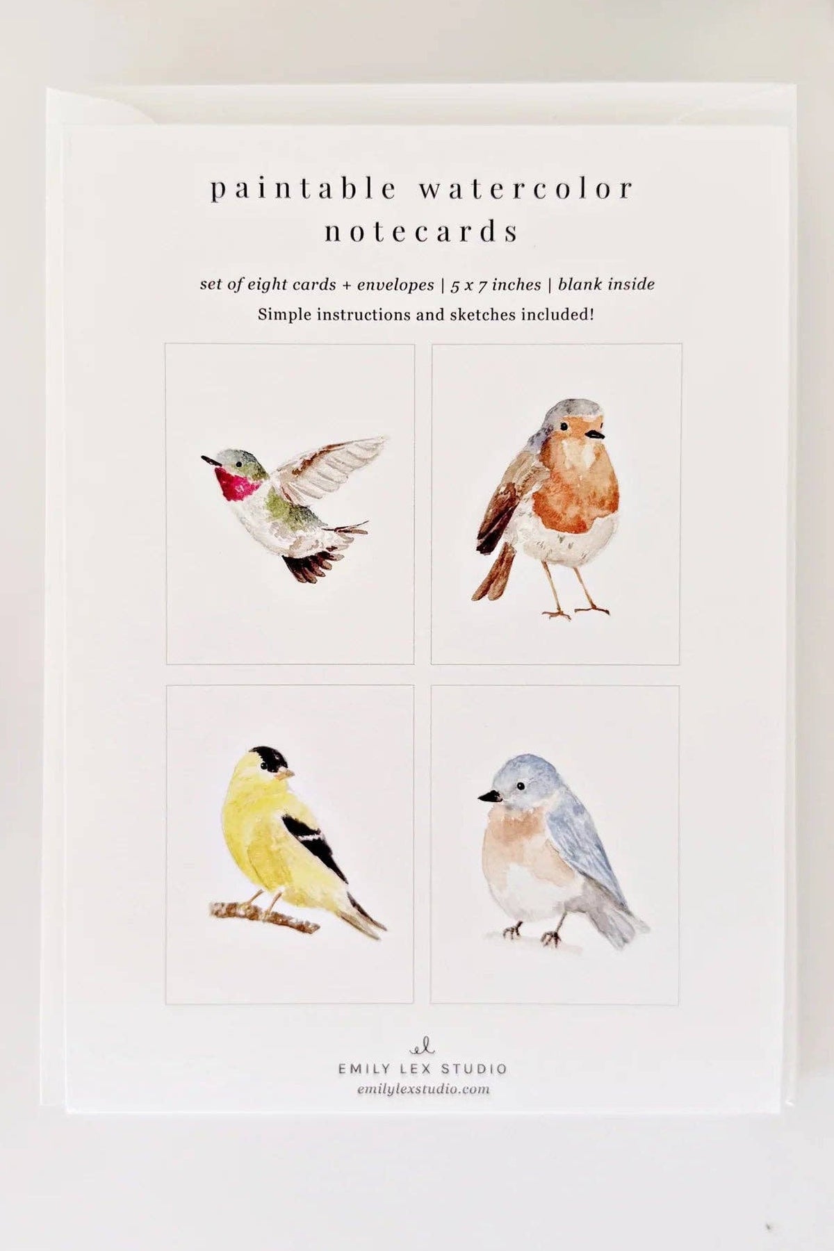A flat-lay of a watercolor notepad set on a white background, surrounded by art-themed props including a paint tube, paintbrush, gold star garland, and green leaves. The notepad features four watercolor bird illustrations and the text 'paintable watercolor notecards'.