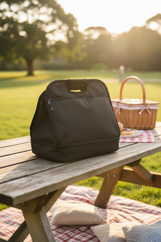Black cooler bag on a picnic table with a basket and blanket in a park setting