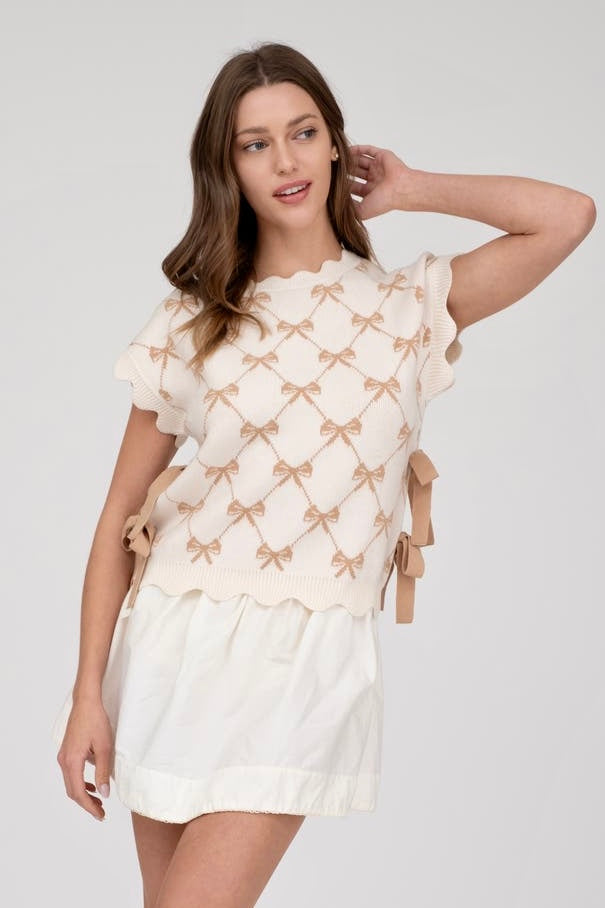 Cream Bow Pattern Cap Sleeve Side Tie Sweater