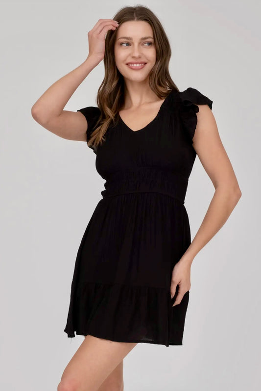 Black Flutter Sleeve V Neck Mini Dress