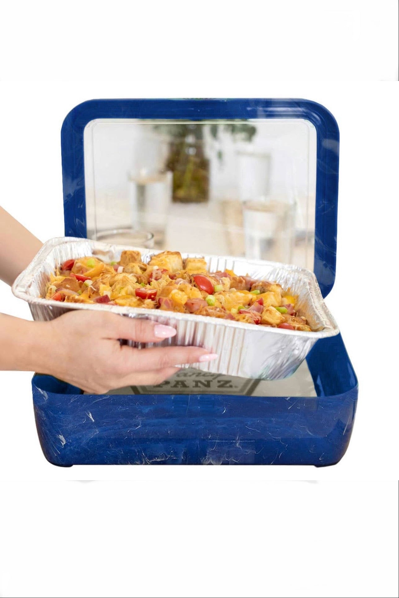 Fancy Panz Blue Marble Premium Set - Pan Frame with Lid, Hot/Cold Gel Pack, and Serving Spoon