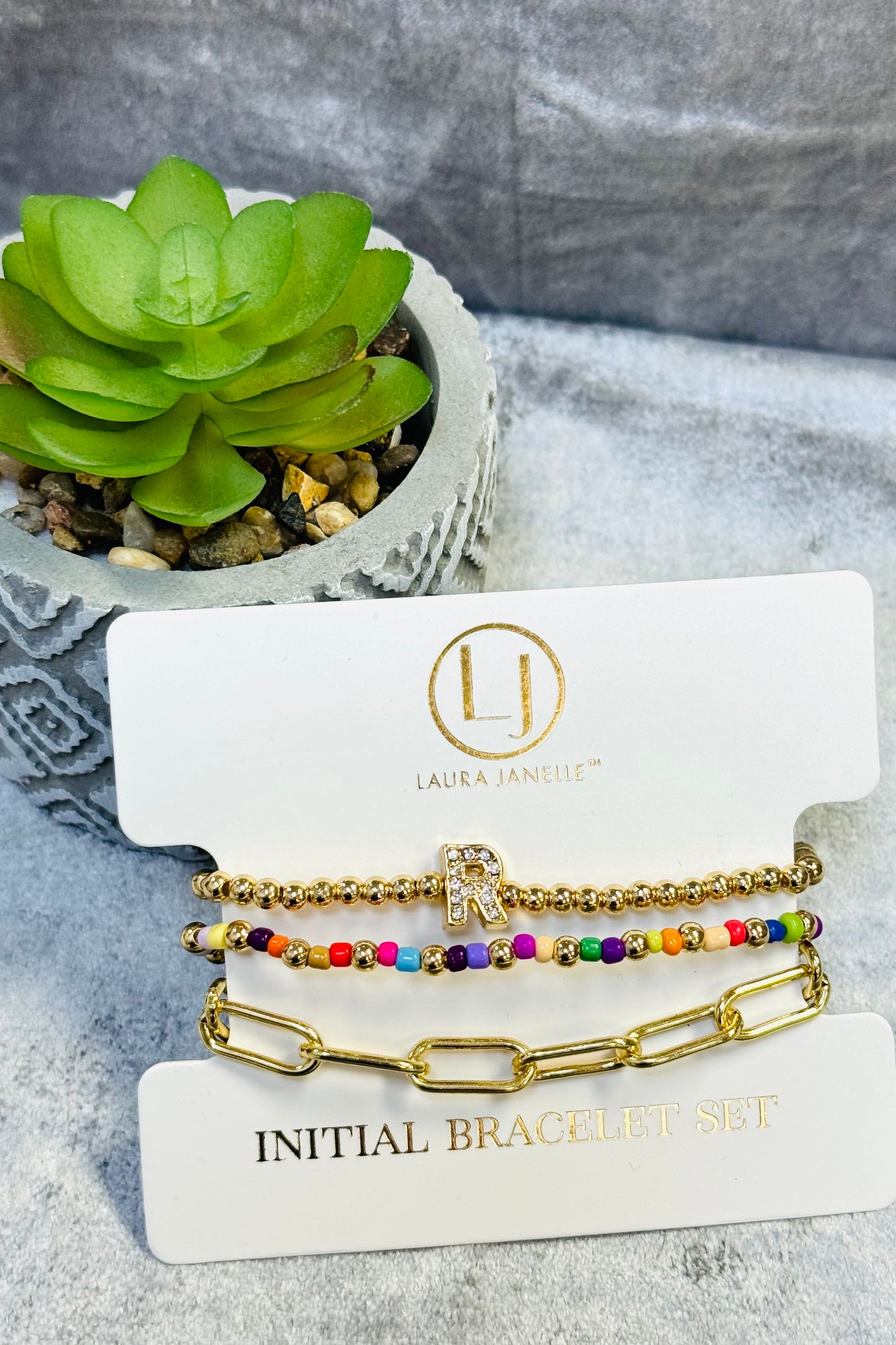 Laura Janelle Initial Bracelet Set in Gold  (Choose your initial.)