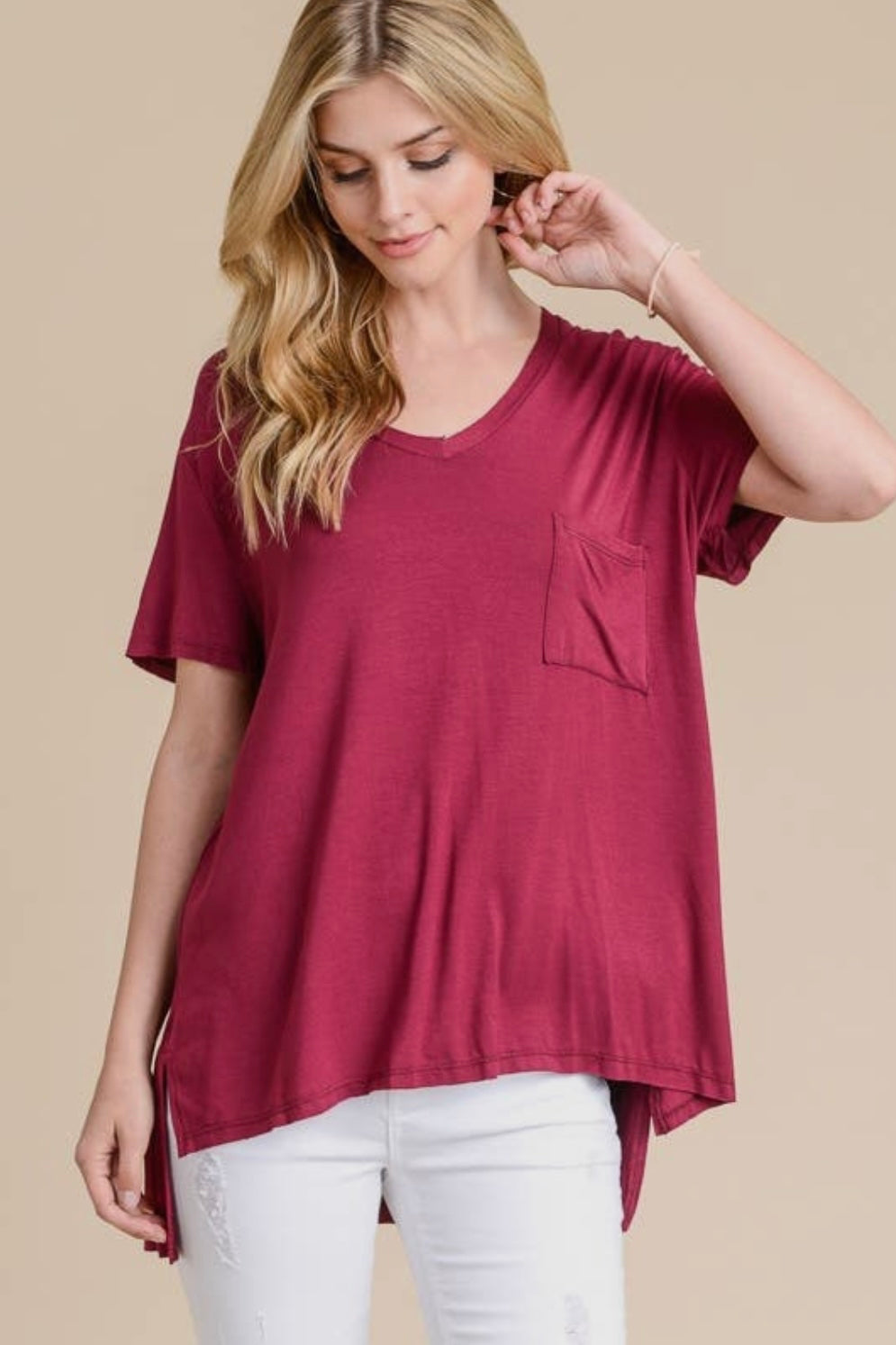 SALE!  $15  Crimson Short Sleeved Oversized V Neck Top with Hi Low Hem