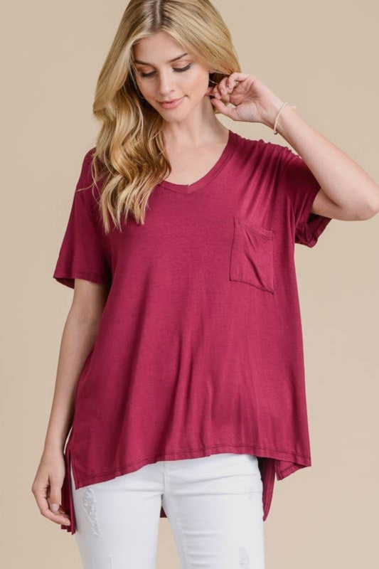 Crimson Short Sleeved Oversized V Neck Top with Hi Low Hem