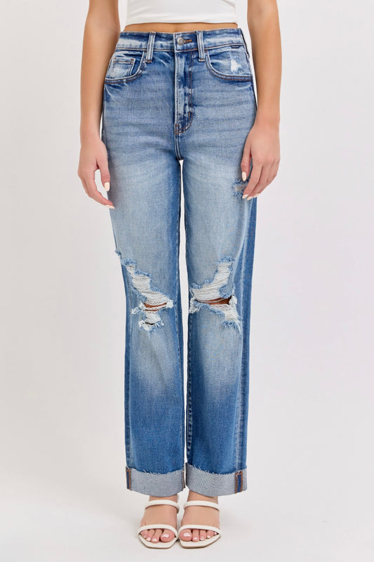 Cello Super High Rise Distressed Dad Jean in Medium Wash