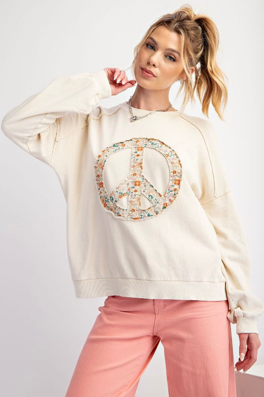 Easel Stone Long Sleeve Mineral Washed Top with Floral Peace Sign