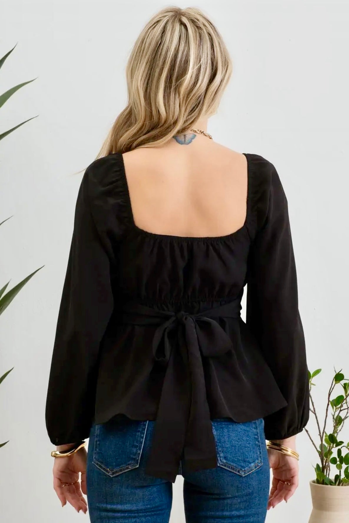 Black Scoop Neck Long Sleeve Top with Back Waist Tie