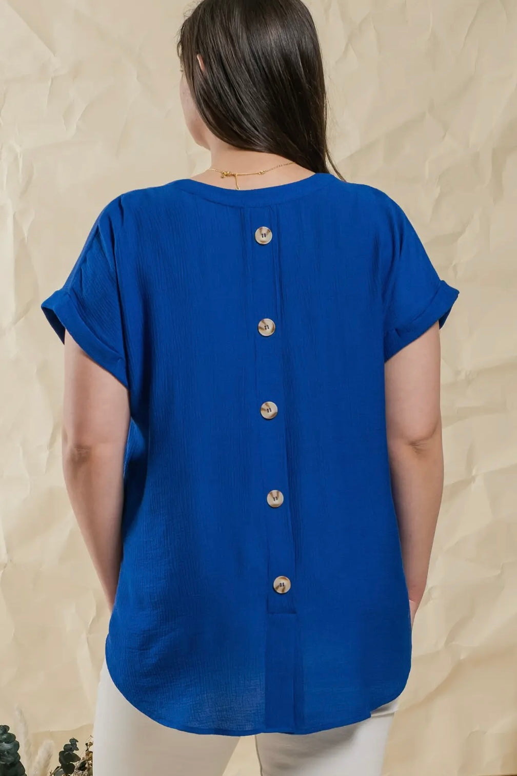 Royal Blue Plus Size Woven Top with Back Button Detail and Cuffed Sleeves