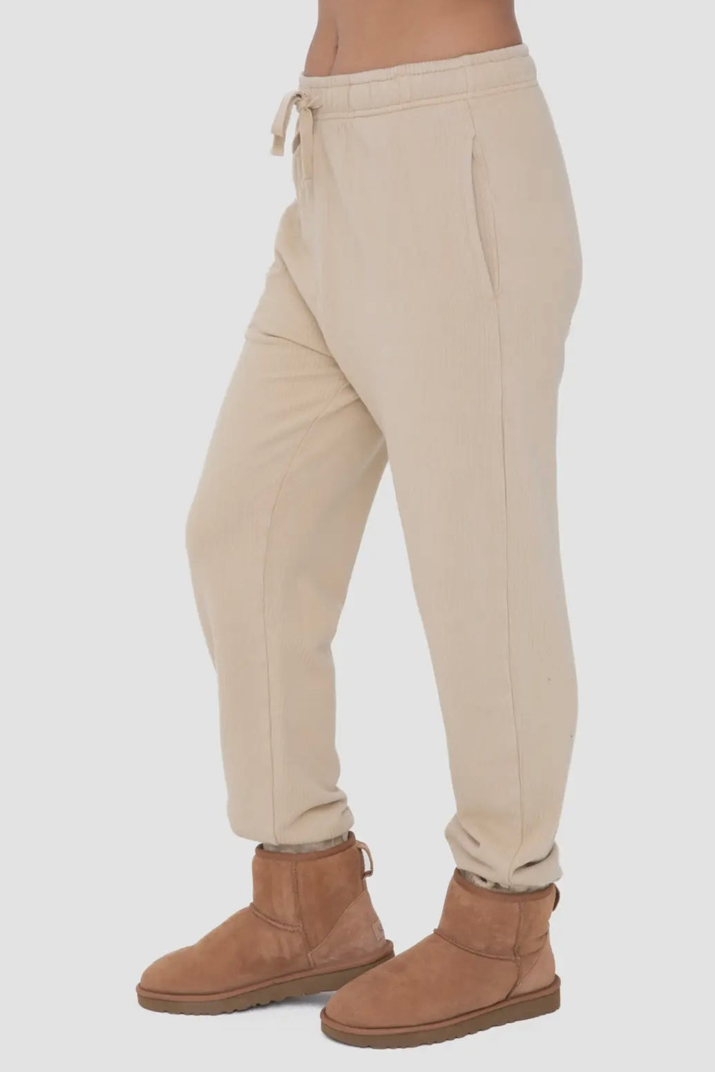 Beige Mineral Washed Billow Cuffed Ribbed Jogger Pants