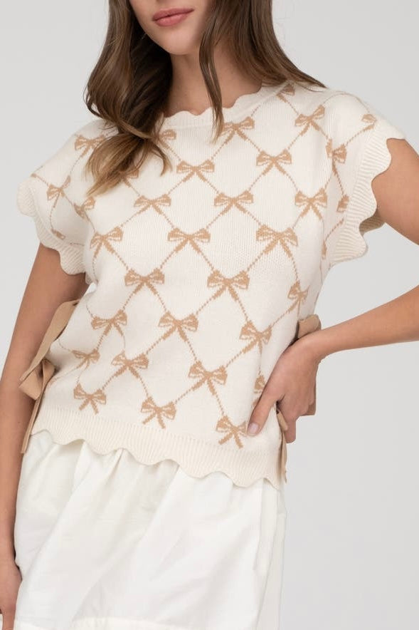 Cream Bow Pattern Cap Sleeve Side Tie Sweater