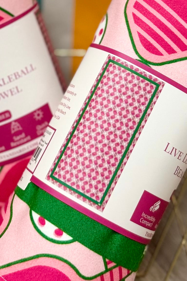 Pickleball Microfiber Beach Towel in Pink White and Green