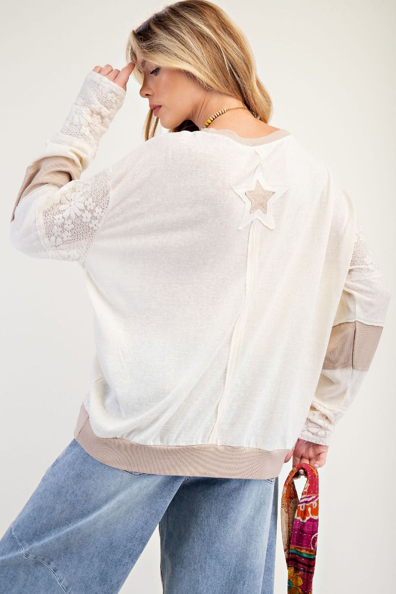 Easel Ivory Taupe Star Patch Long Sleeve Top