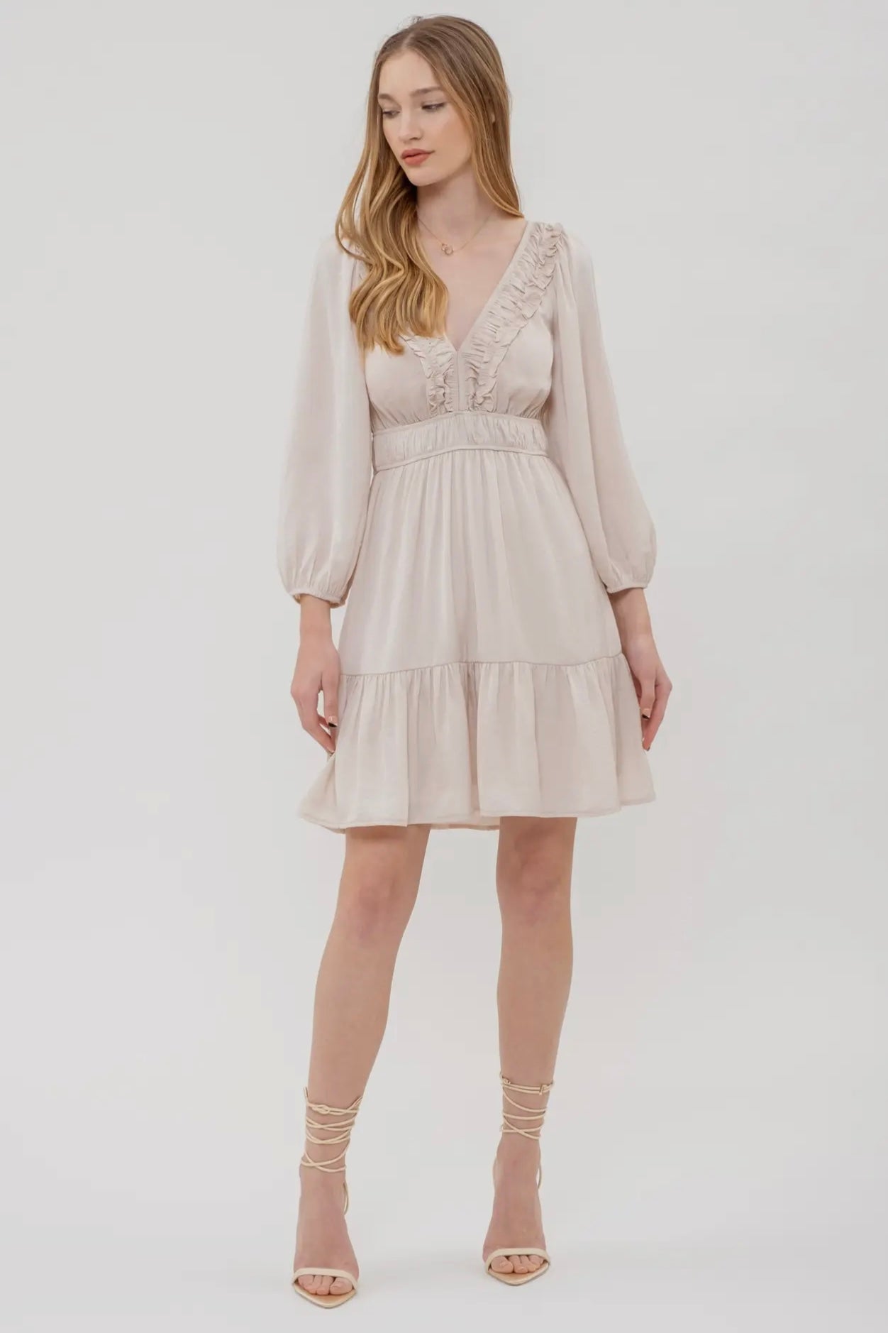 Champagne Ruffled V Neck Satin Tiered Boho Mini Dress with Long Sleeve