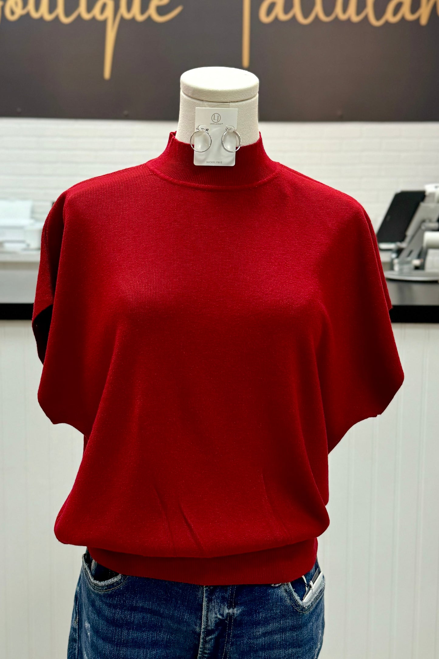 Red Mock Neck Short Dolman Sleeve Lightweight Sweater Top