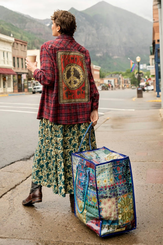 Natural Life Rolling Tote Bag- Mandala Borders Patchwork