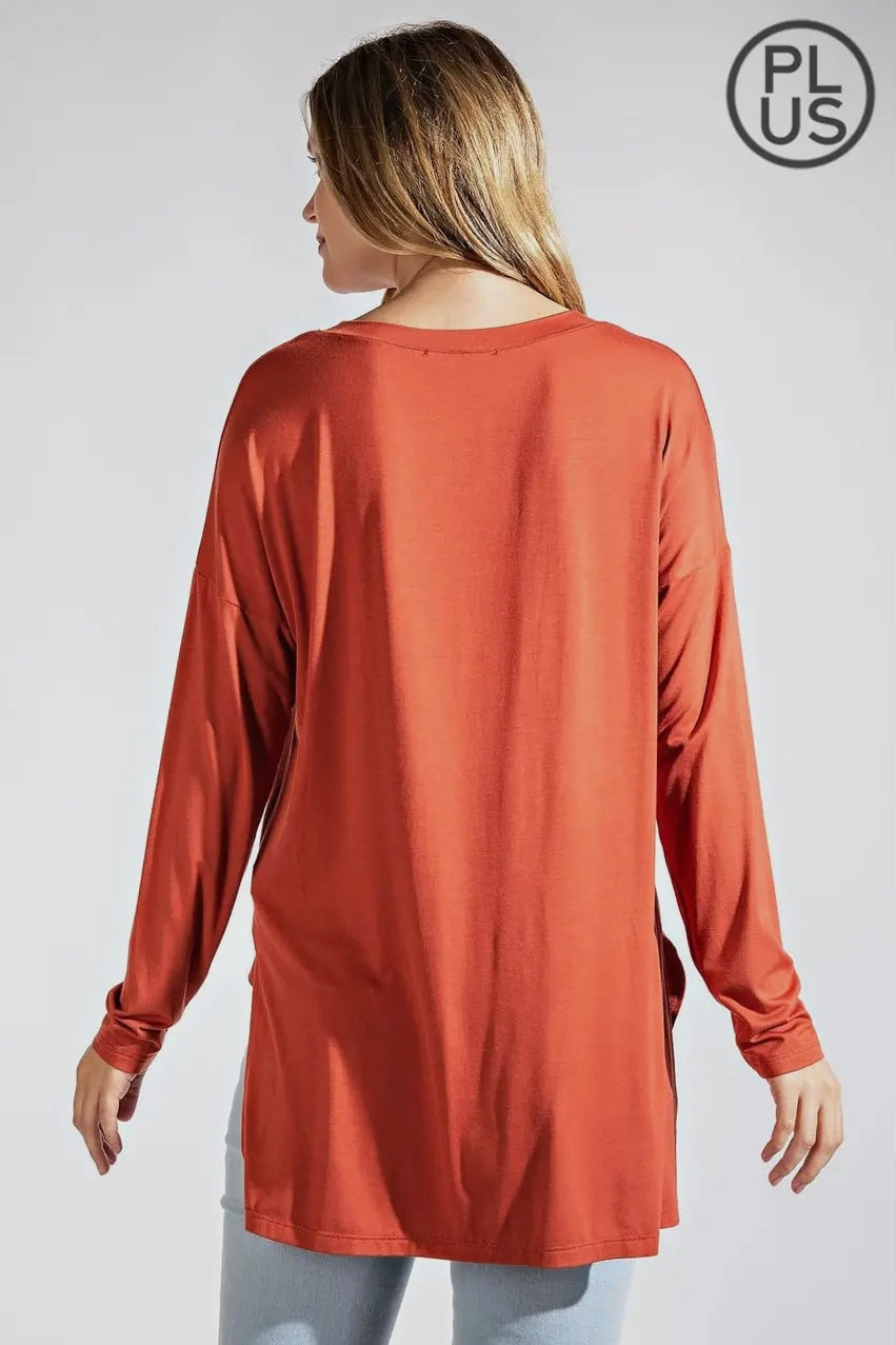 Cinnabar Plus Long Sleeve V Neck Top with Hi Low Hem