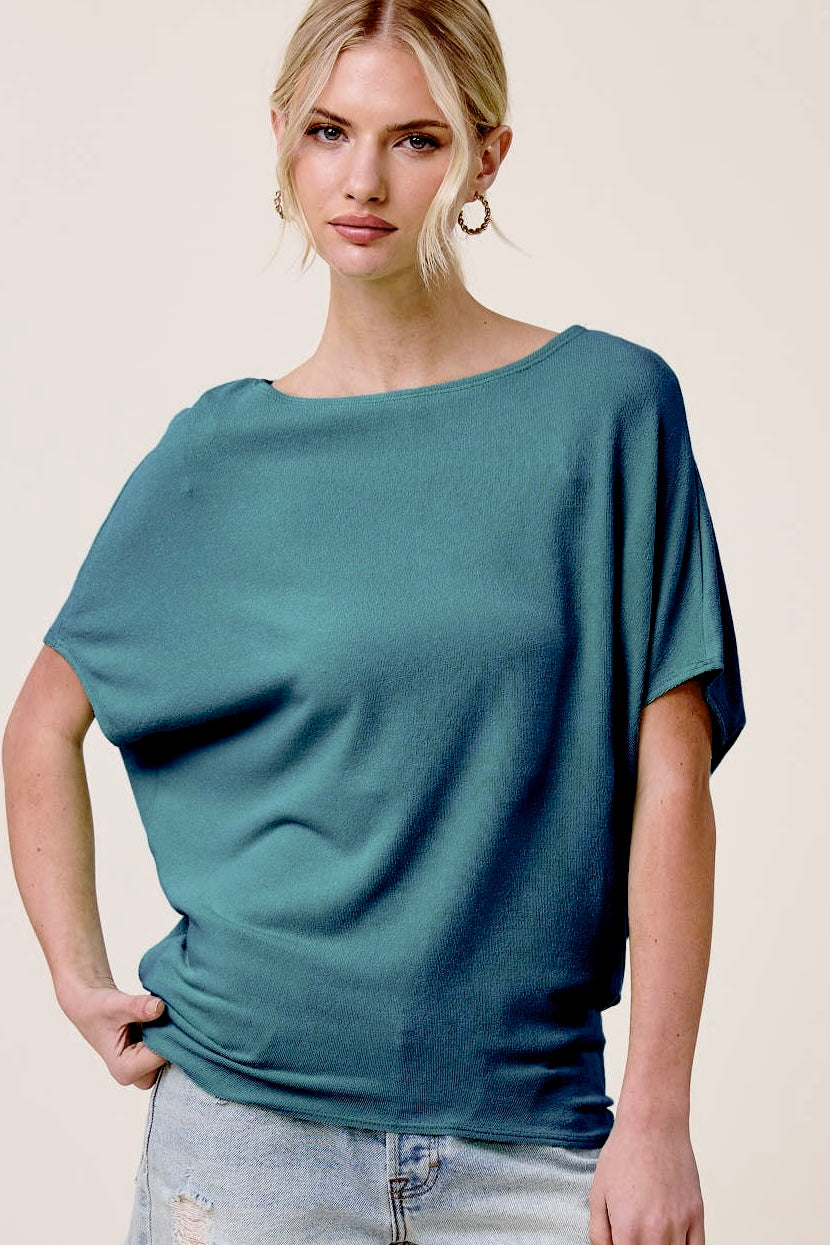 Charlotte Avery Teal Short Sleeve Crepe Hacci Oversized Dolman Top