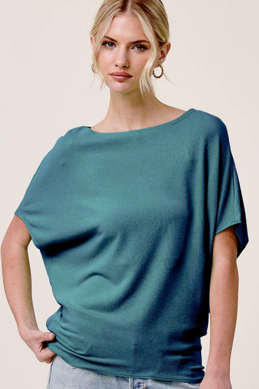 Charlotte Avery Teal Short Sleeve Crepe Hacci Oversized Dolman Top