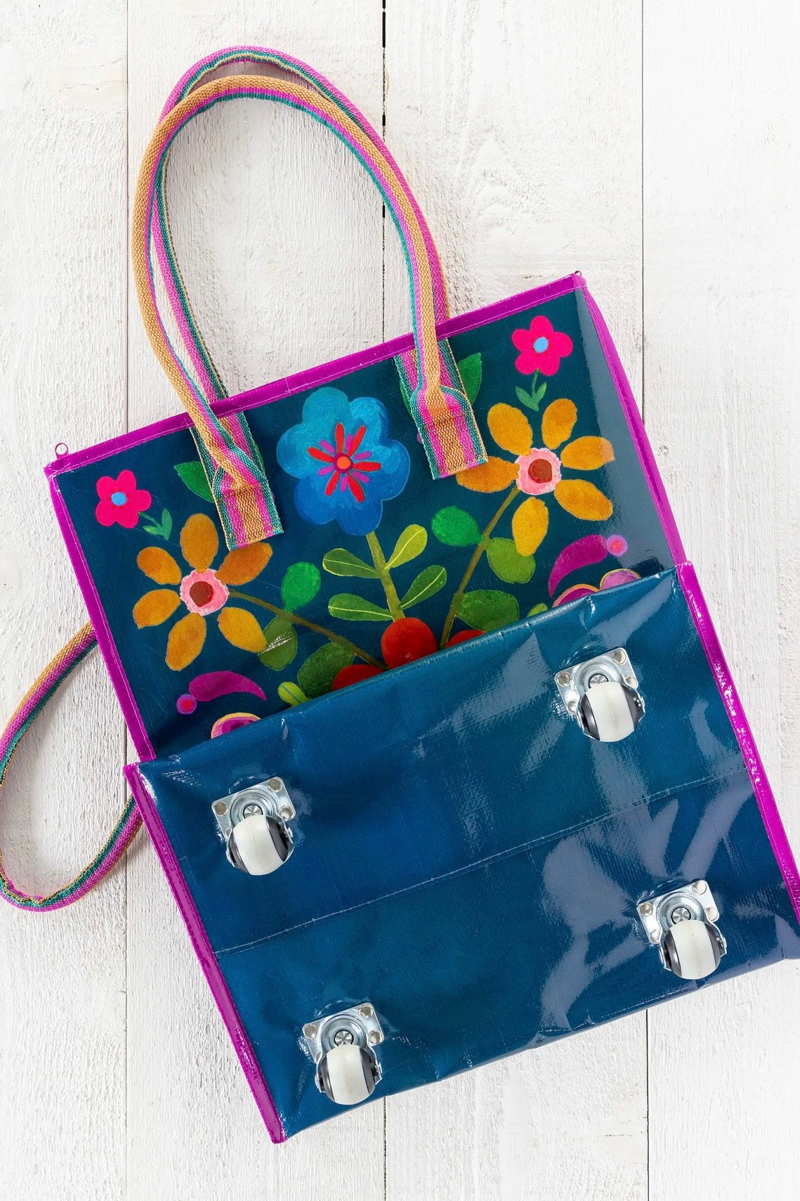 Natural Life Rolling Tote Bag- Teal Folk Flower