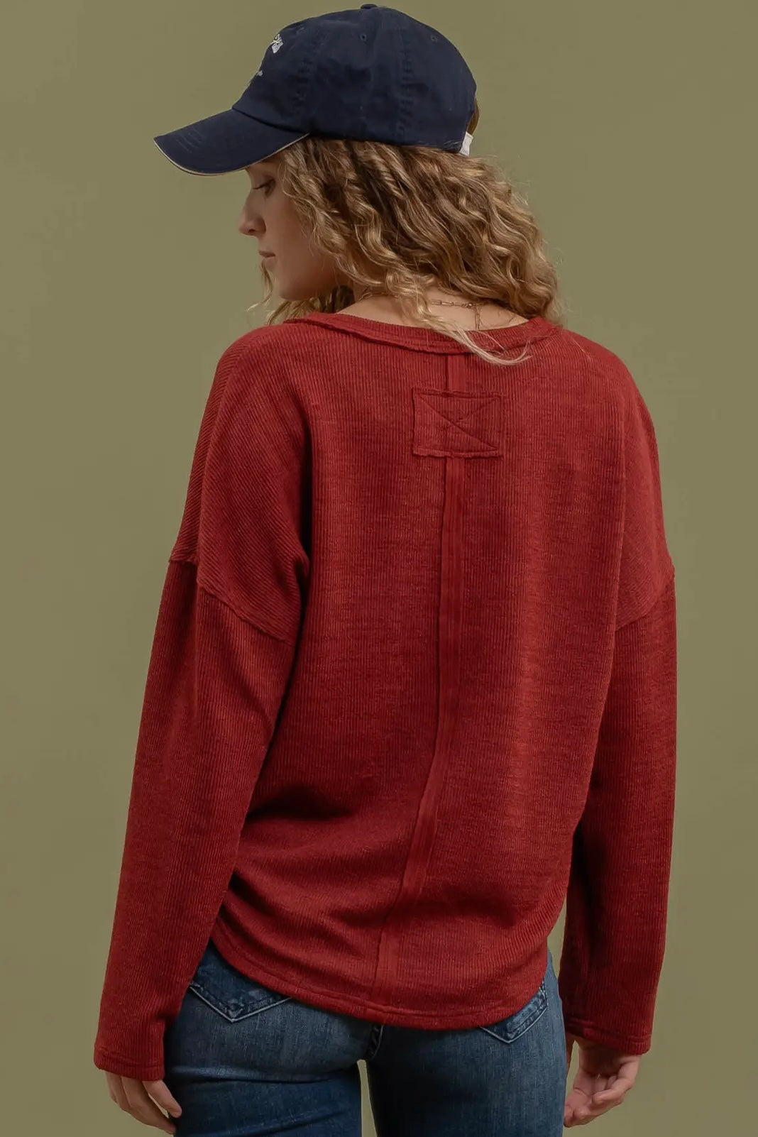 Burgundy V Neck Long Sleeve Top with Exposed Seam Detail