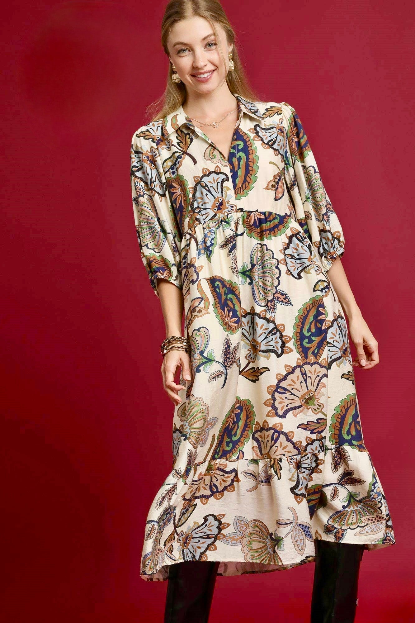 Umgee USA Boho Paisley Tiered Midi Dress Cream / 2XL, Size 2XL