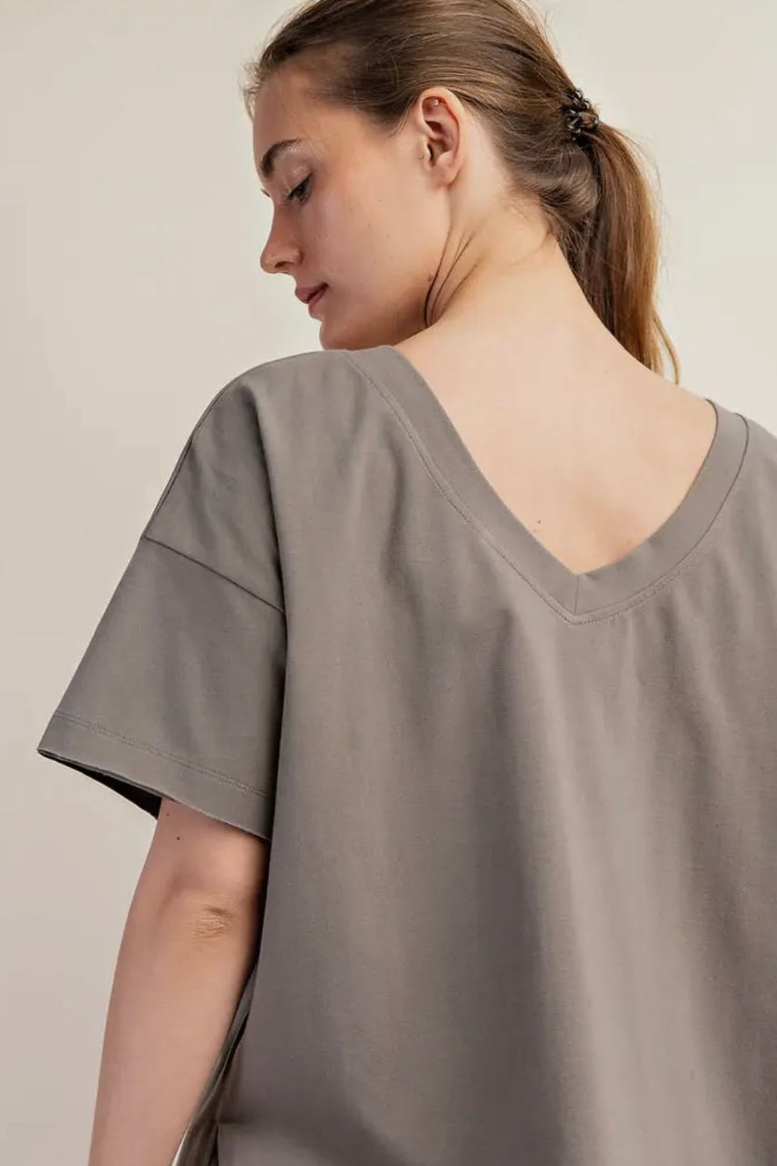 Smoky Olive Oversized Reversible V/Round Neck Short Sleeve Stretchy Tee