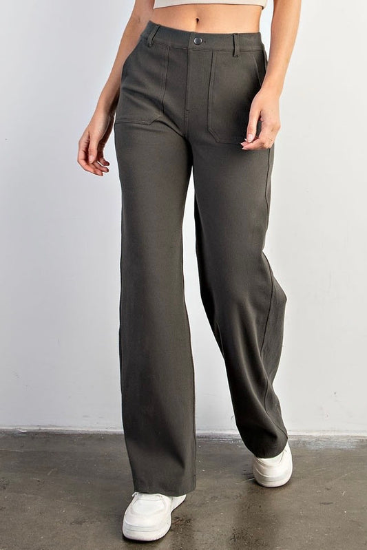 Olive Green Cotton Stretch Twill Wide Leg Pants